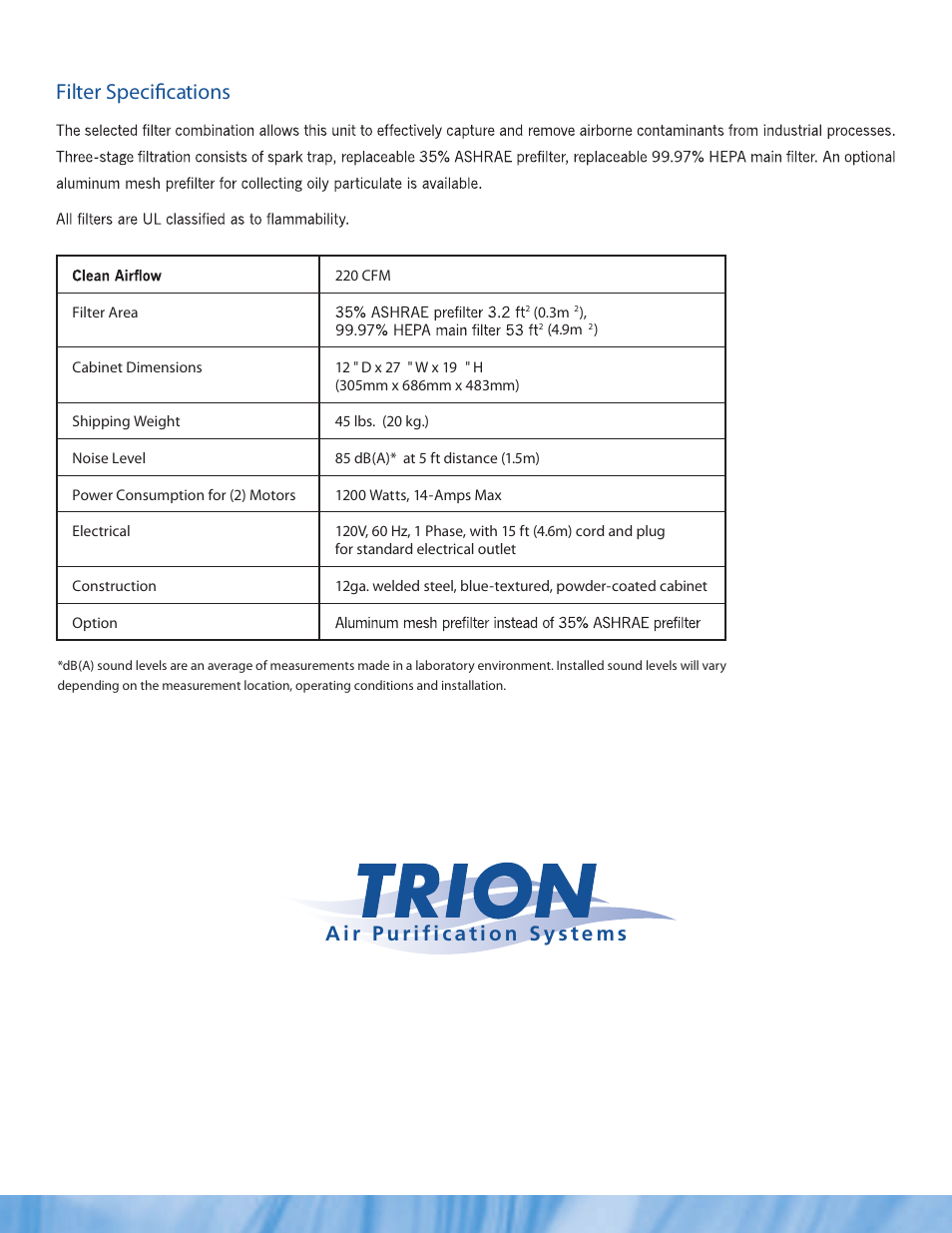 Filter specifications | Trion Air Boss One Man Portable User Manual | Page 2 / 2