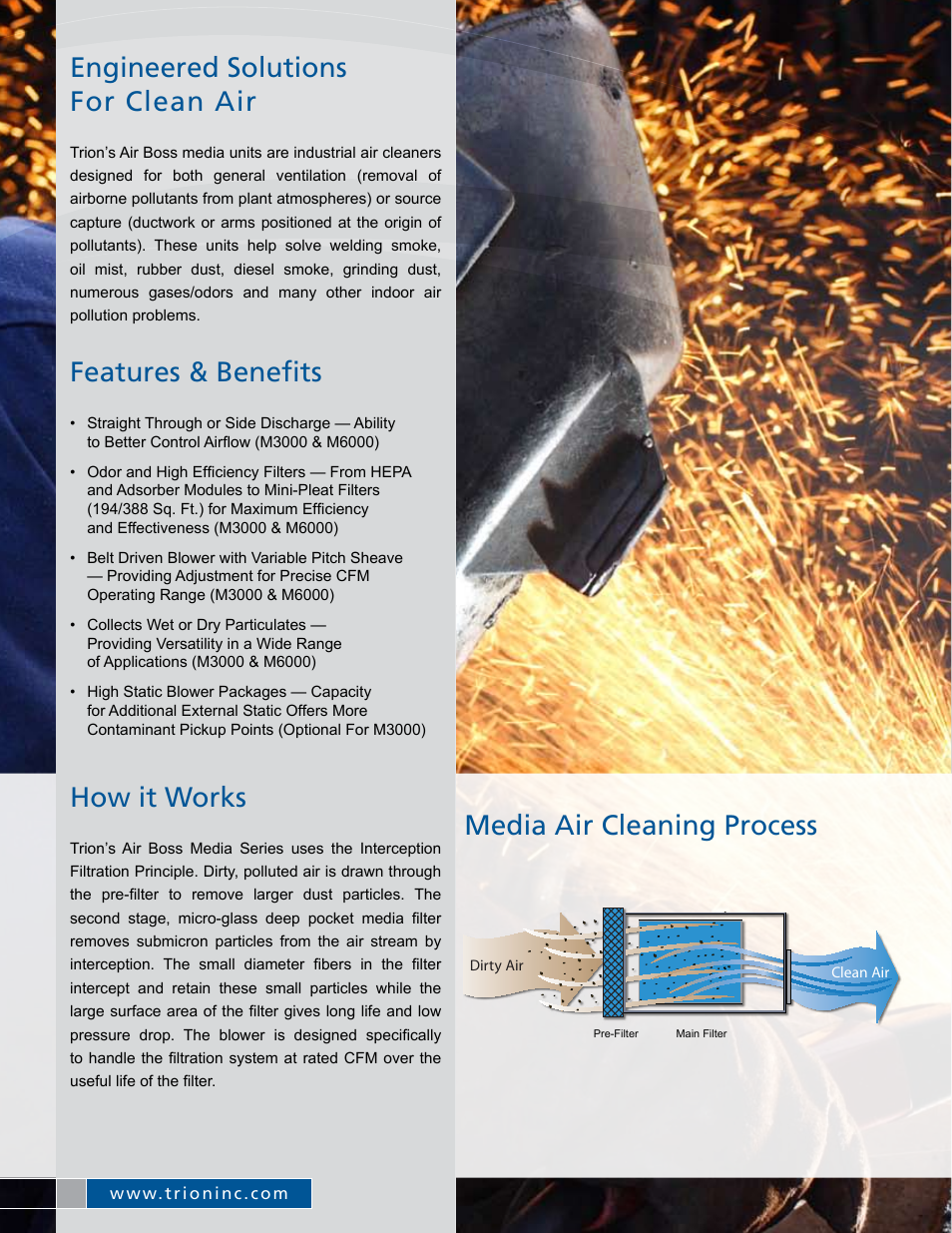 Engineered solutions for clean air, Features & benefits, How it works | Media air cleaning process | Trion Air Boss M-Series User Manual | Page 2 / 8
