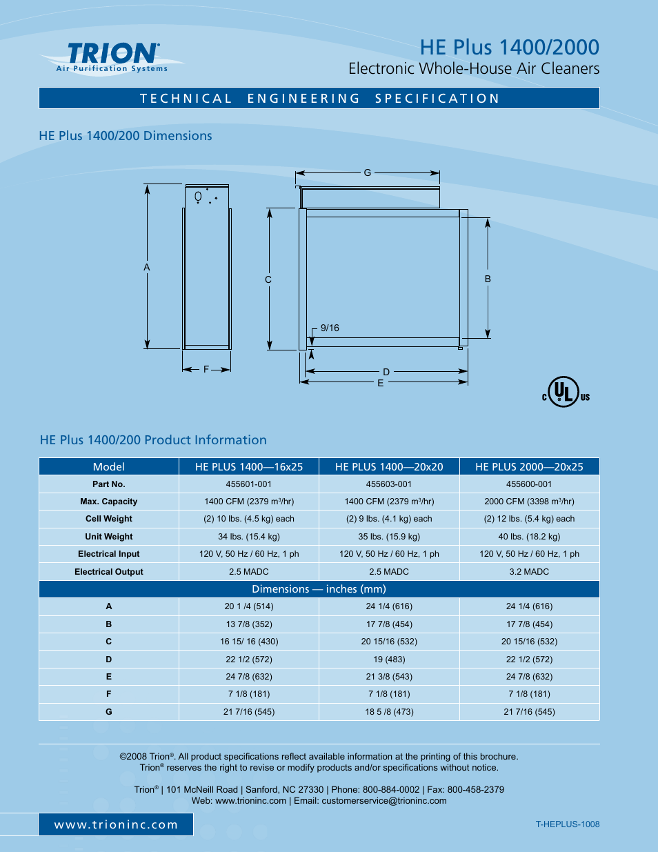 Electronic whole-house air cleaners | Trion HE Plus 1400 User Manual | Page 2 / 2