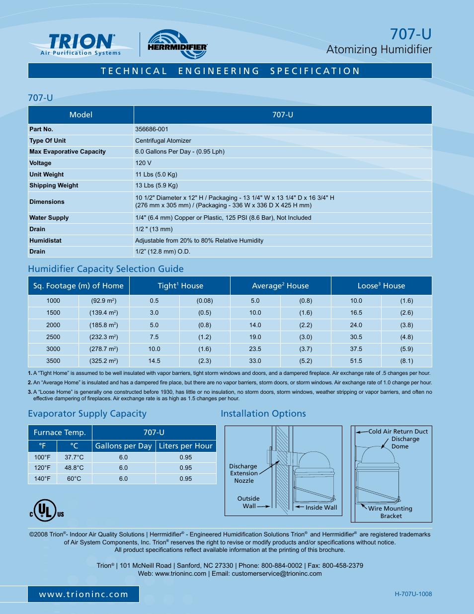 Atomizing humidifier, Installation options | Trion 707-U User Manual | Page 2 / 2