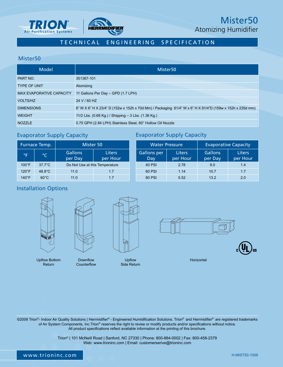 Mister50, Atomizing humidifier, Installation options | Mister50 evaporator supply capacity, Evaporator supply capacity | Trion Mister 50 User Manual | Page 2 / 2
