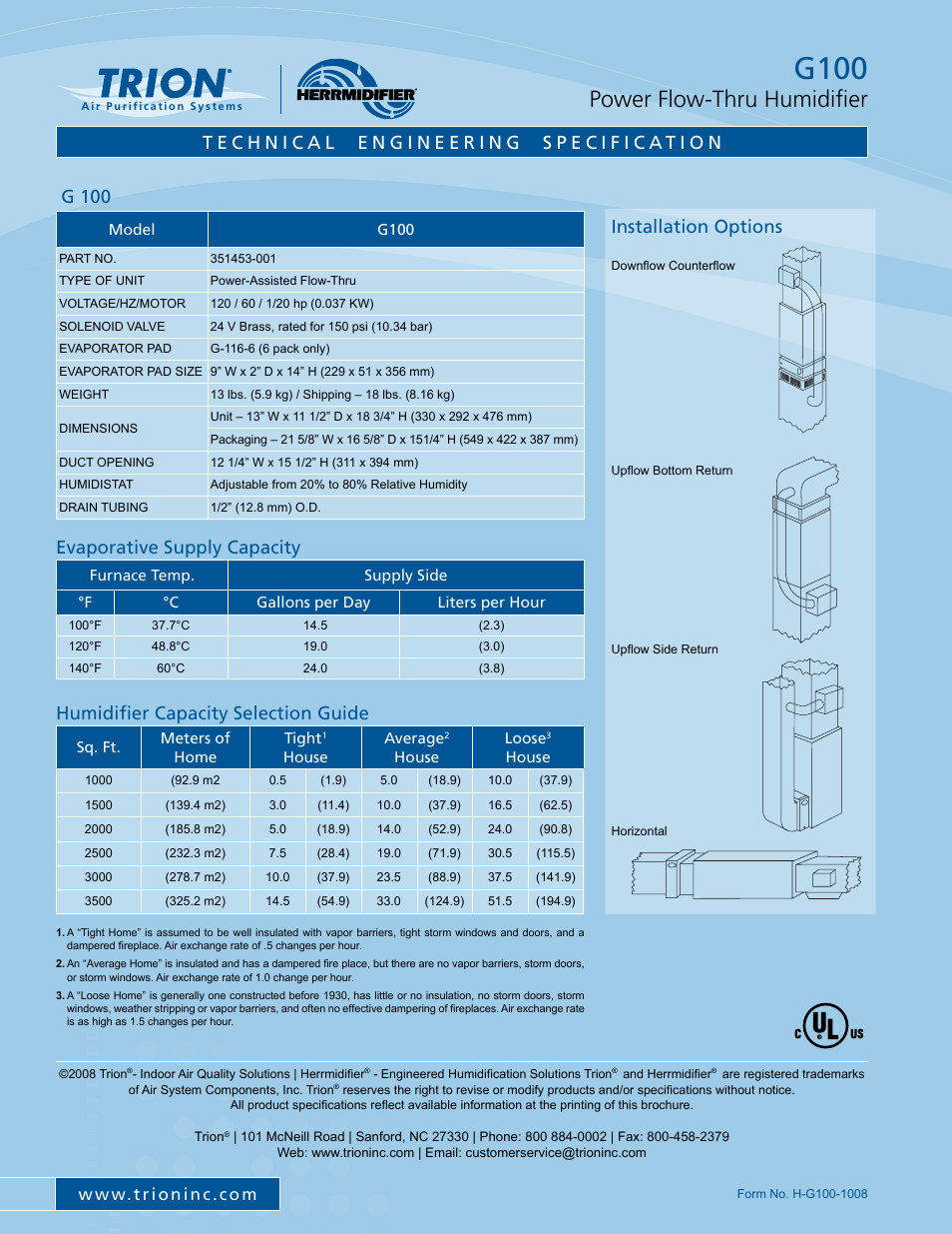 G100, Power flow-thru humidifier, G 100 | Installation options evaporative supply capacity, Humidifier capacity selection guide | Trion G100 User Manual | Page 2 / 2