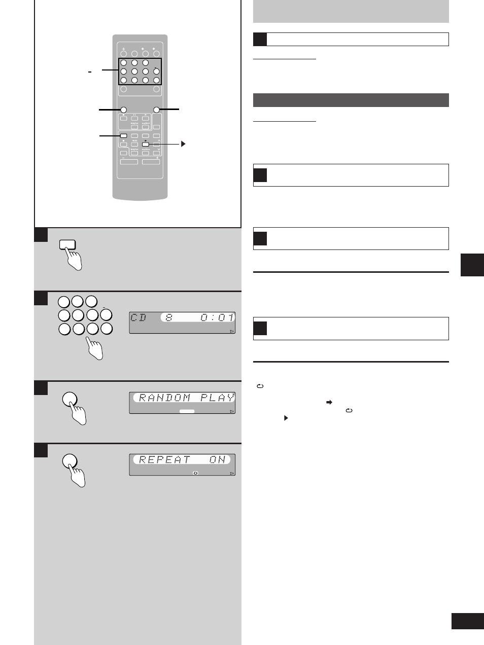 Bc d, Other modes of play, Select the track with the numbered buttons | Press [random, Press [repeat] before or during play, Compact disc operations cds, One touch play, Preparation, Direct access play, Random play | Technics SC-HD310 User Manual | Page 17 / 28