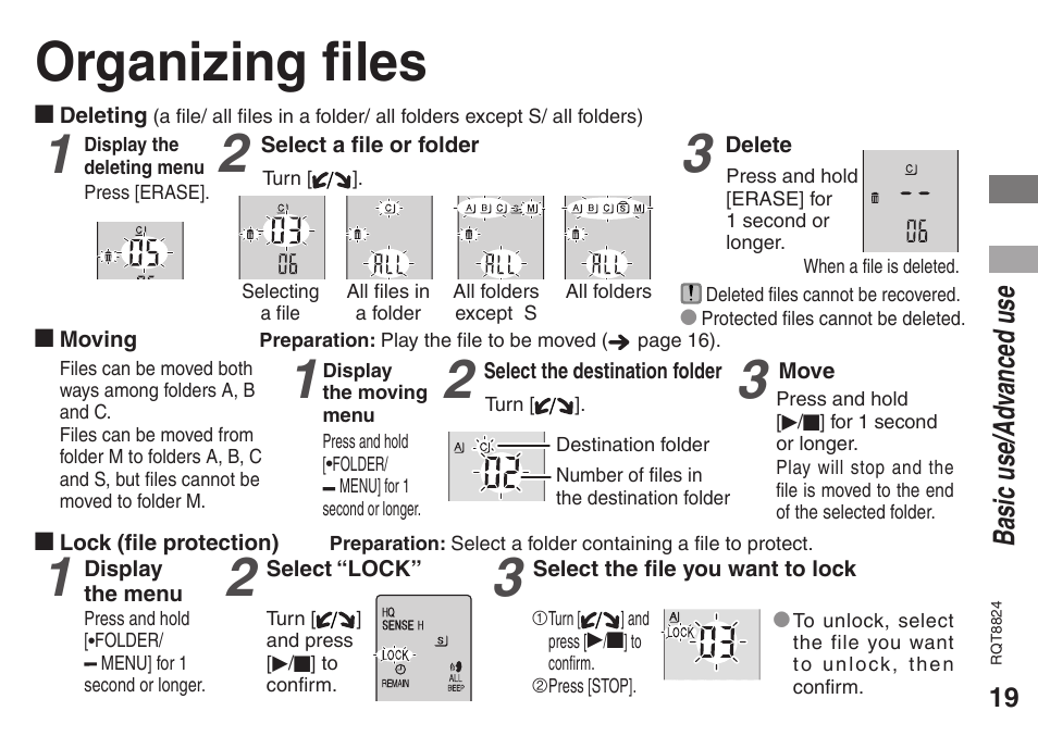 Advanced use, Organizing files, Basic use/ad vanced use | Technics RR-US470 User Manual | Page 19 / 44