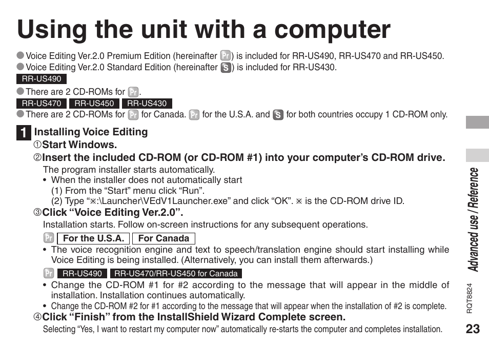 Reference, Using the unit with a computer, Ad vanced use / ref erence | Technics RR-US470 User Manual | Page 23 / 44