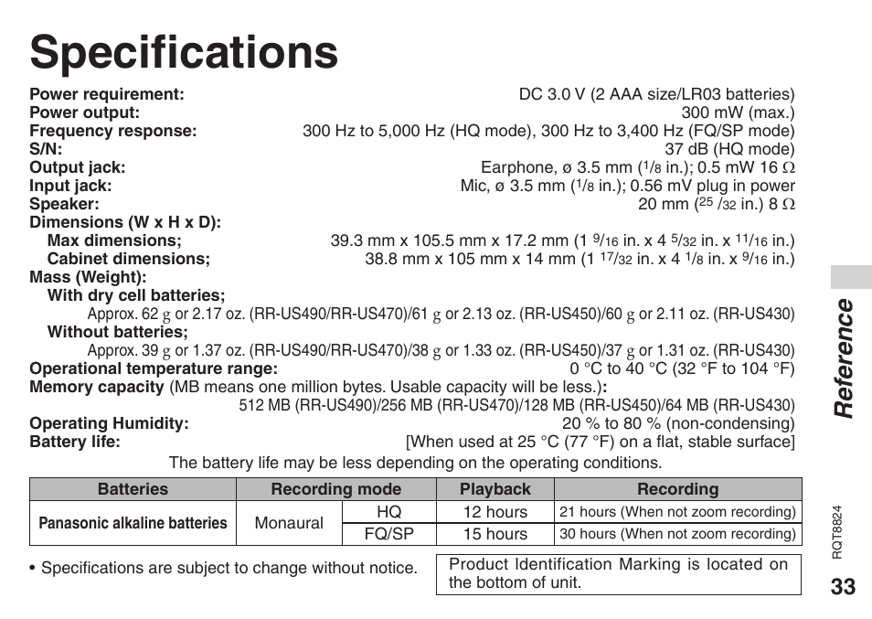 Specifications, Ref erence | Technics RR-US470 User Manual | Page 33 / 44