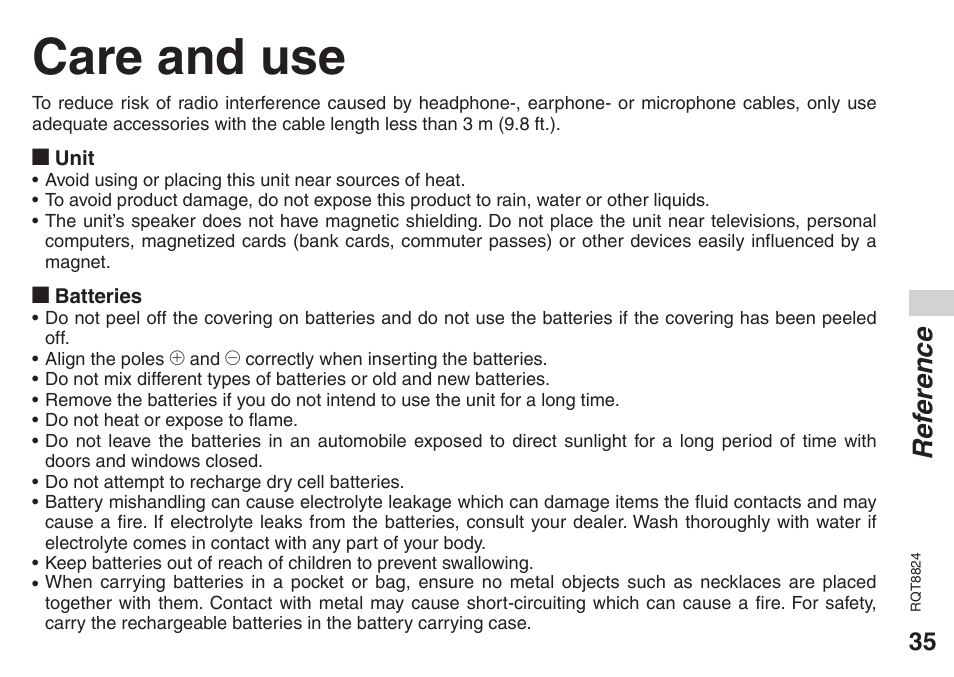 Care and use, Ref erence | Technics RR-US470 User Manual | Page 35 / 44