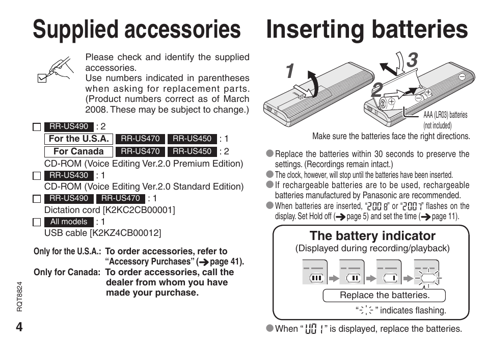 Supplied accessories, Inserting batteries, Supplied accessories inserting batteries | The battery indicator | Technics RR-US470 User Manual | Page 4 / 44