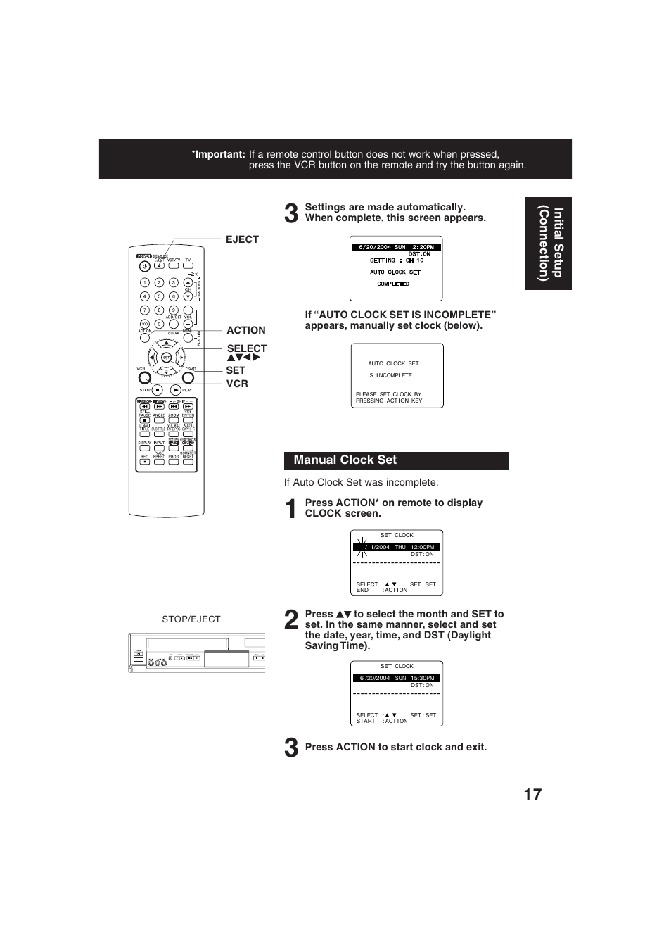 Manual clock set, Initial setup (connection) | Technics PV-D4754S User Manual | Page 17 / 79