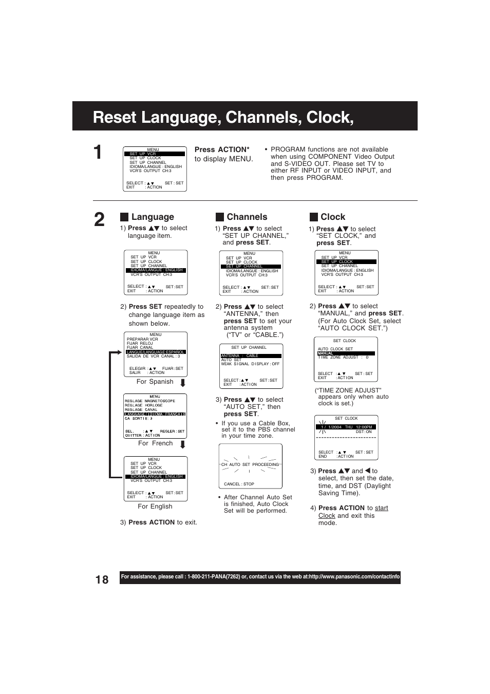 On-screen display note, Basic operation, Language / channel / clock set | Reset language, channels, clock, Clock, Language, Channels, Press action* to display menu | Technics PV-D4754S User Manual | Page 18 / 79
