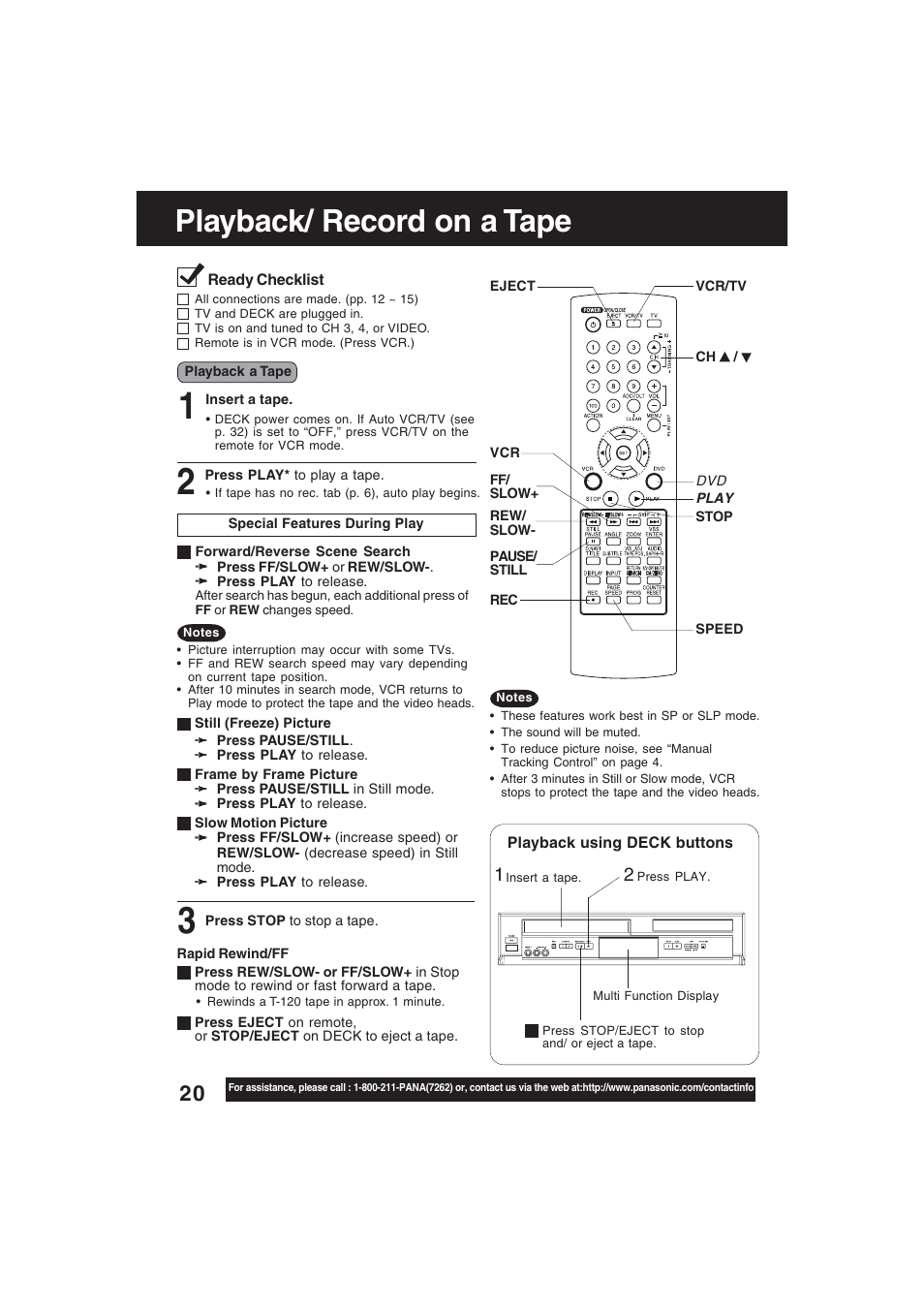 Select vcr mode, Playback, Playback/ record on a tape | Technics PV-D4754S User Manual | Page 20 / 79