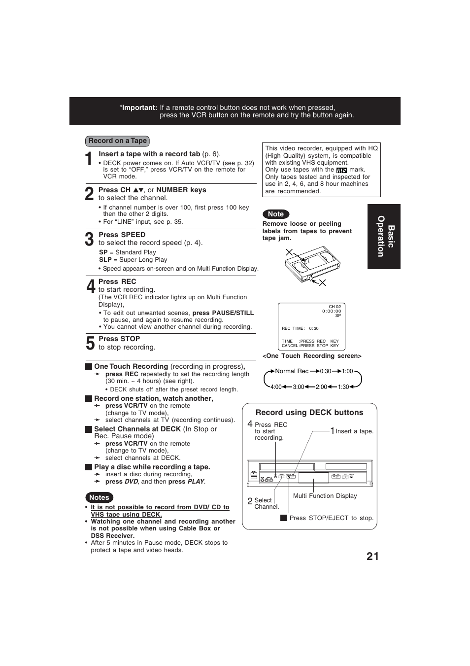 Recording, Basic operation | Technics PV-D4754S User Manual | Page 21 / 79