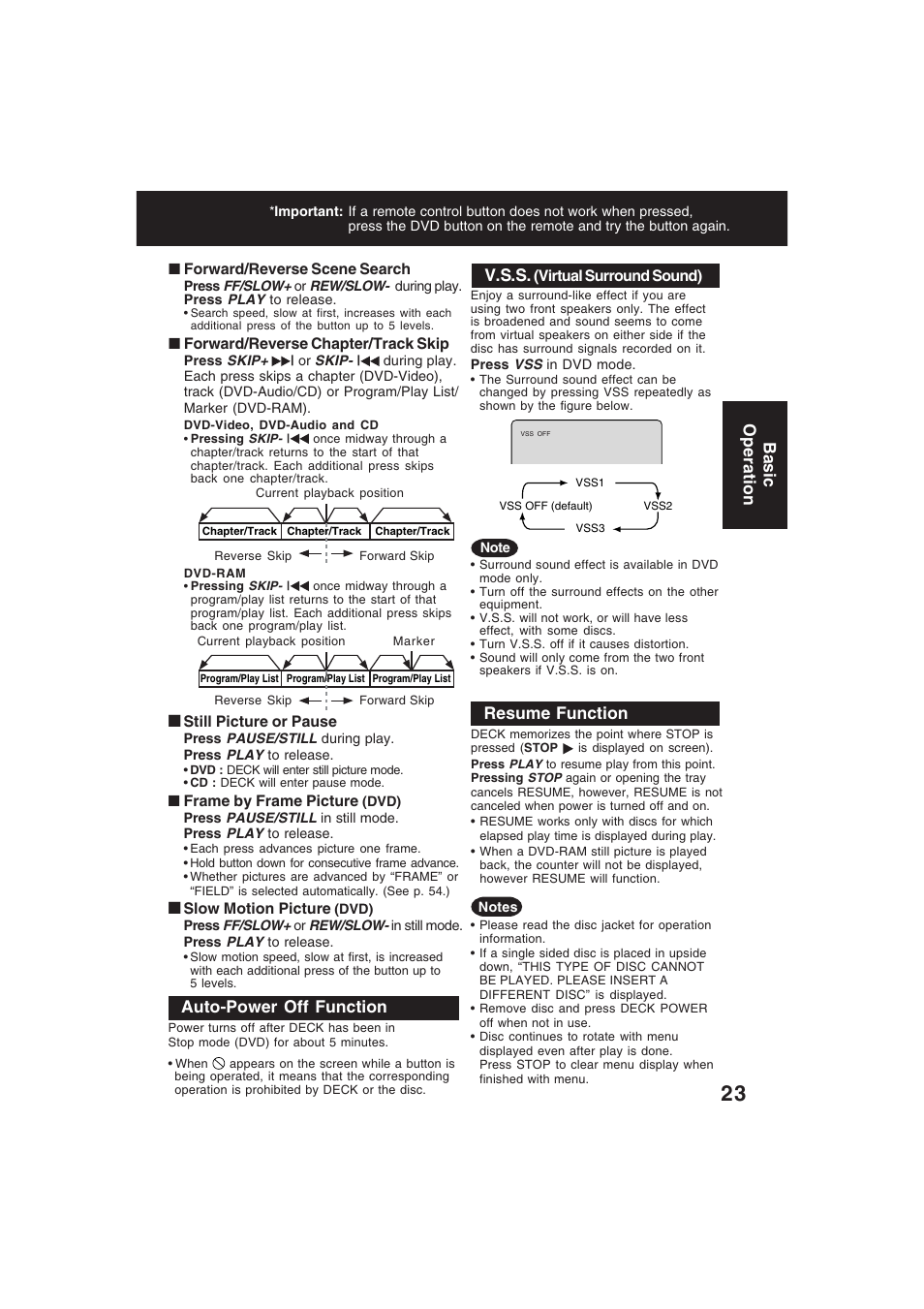 Playback controls, Auto power off, Virtual surround sound | Resume function, V.s.s, Auto-power off function, Basic operation | Technics PV-D4754S User Manual | Page 23 / 79