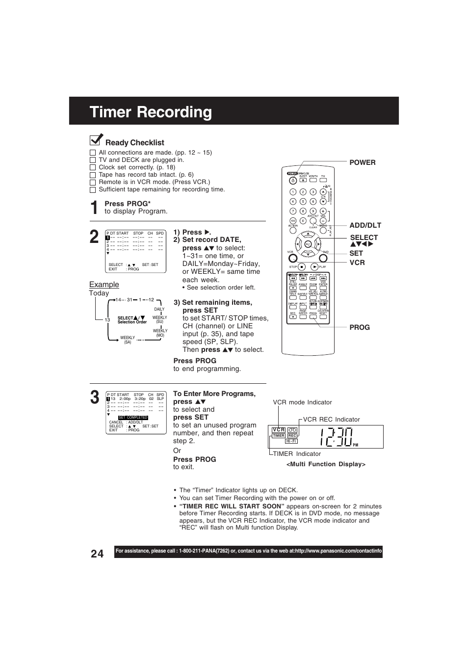 Vcr operation, Timer recording, Ready checklist | Example | Technics PV-D4754S User Manual | Page 24 / 79