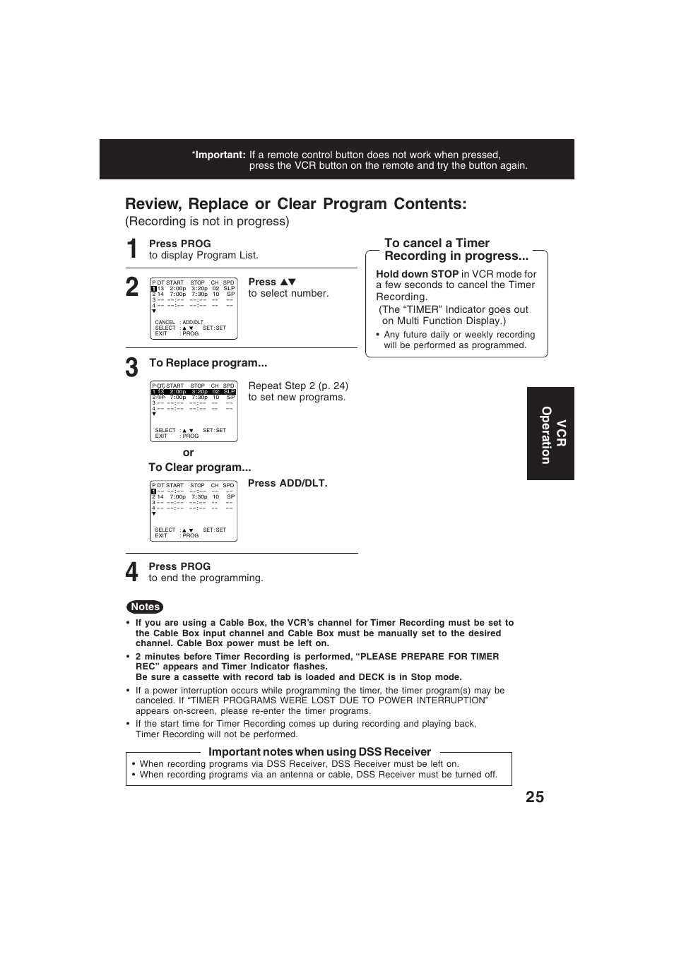 Review, replace or clear program contents, Recording is not in progress), Vcr operation | Technics PV-D4754S User Manual | Page 25 / 79