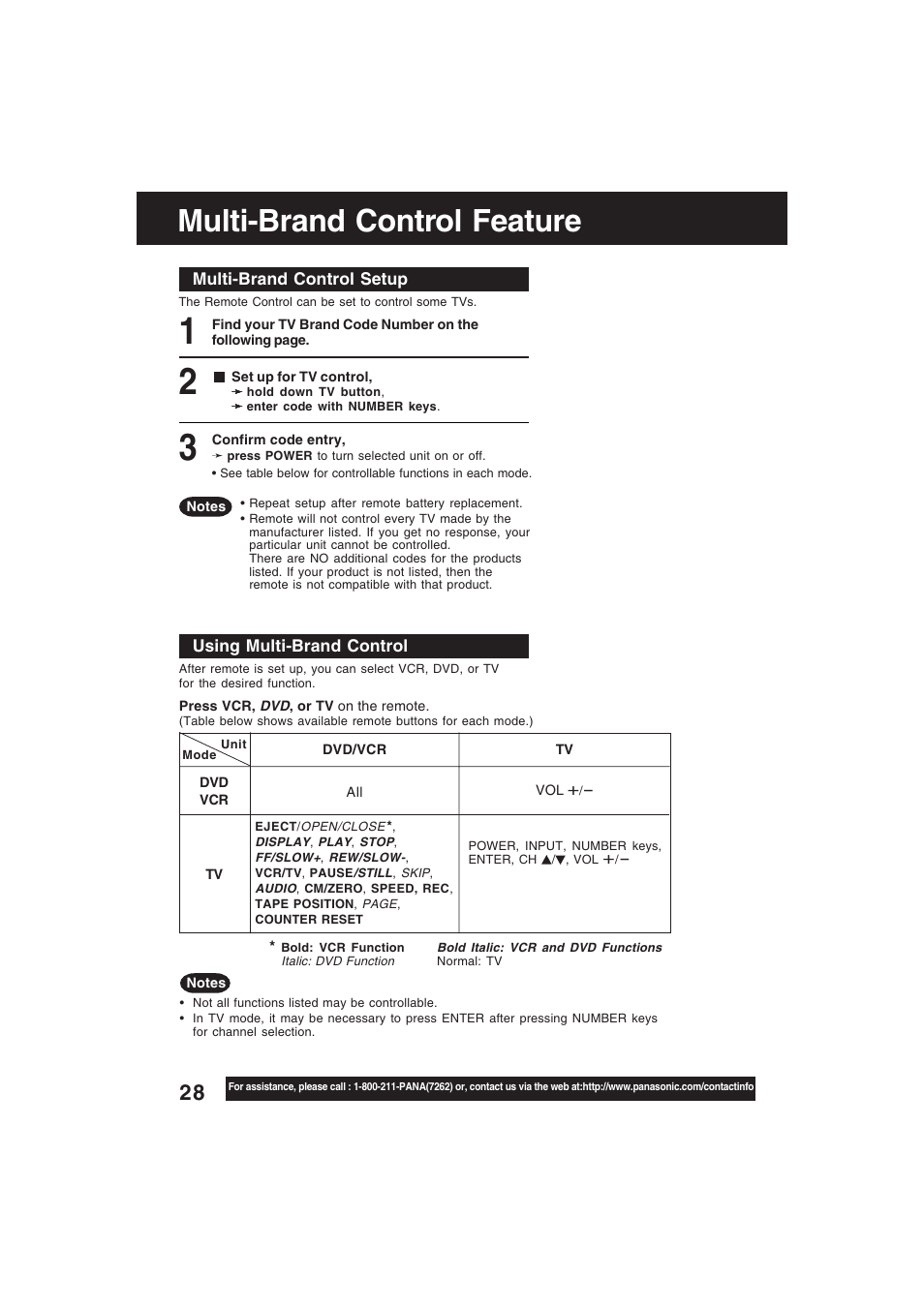 Remote control multi-brand setup, Multi-brand control feature | Technics PV-D4754S User Manual | Page 28 / 79