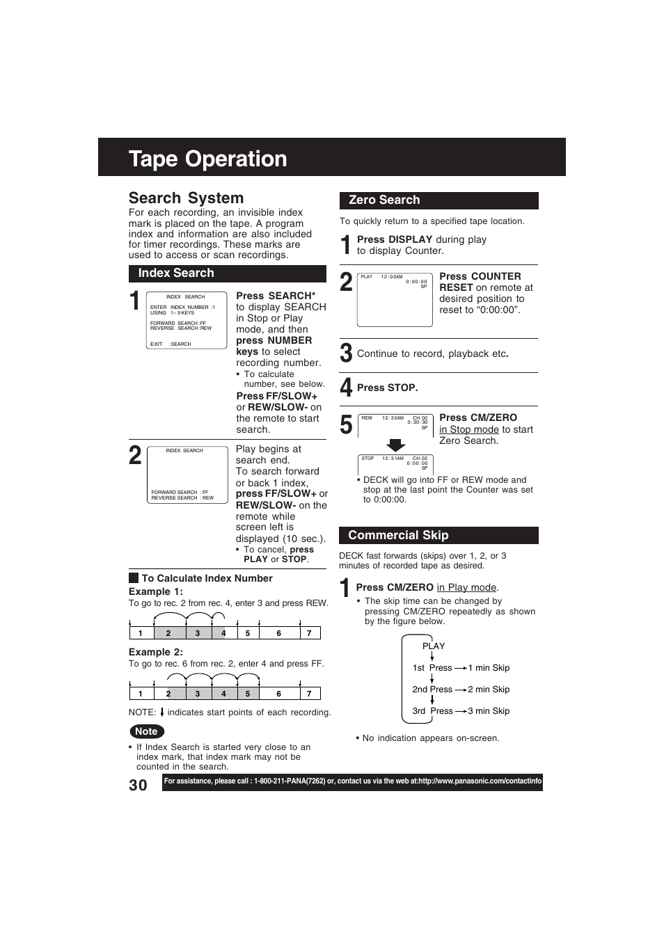 Searching on a tape, Index search, Zero search | Commercial skip, Tape operation, Search system | Technics PV-D4754S User Manual | Page 30 / 79