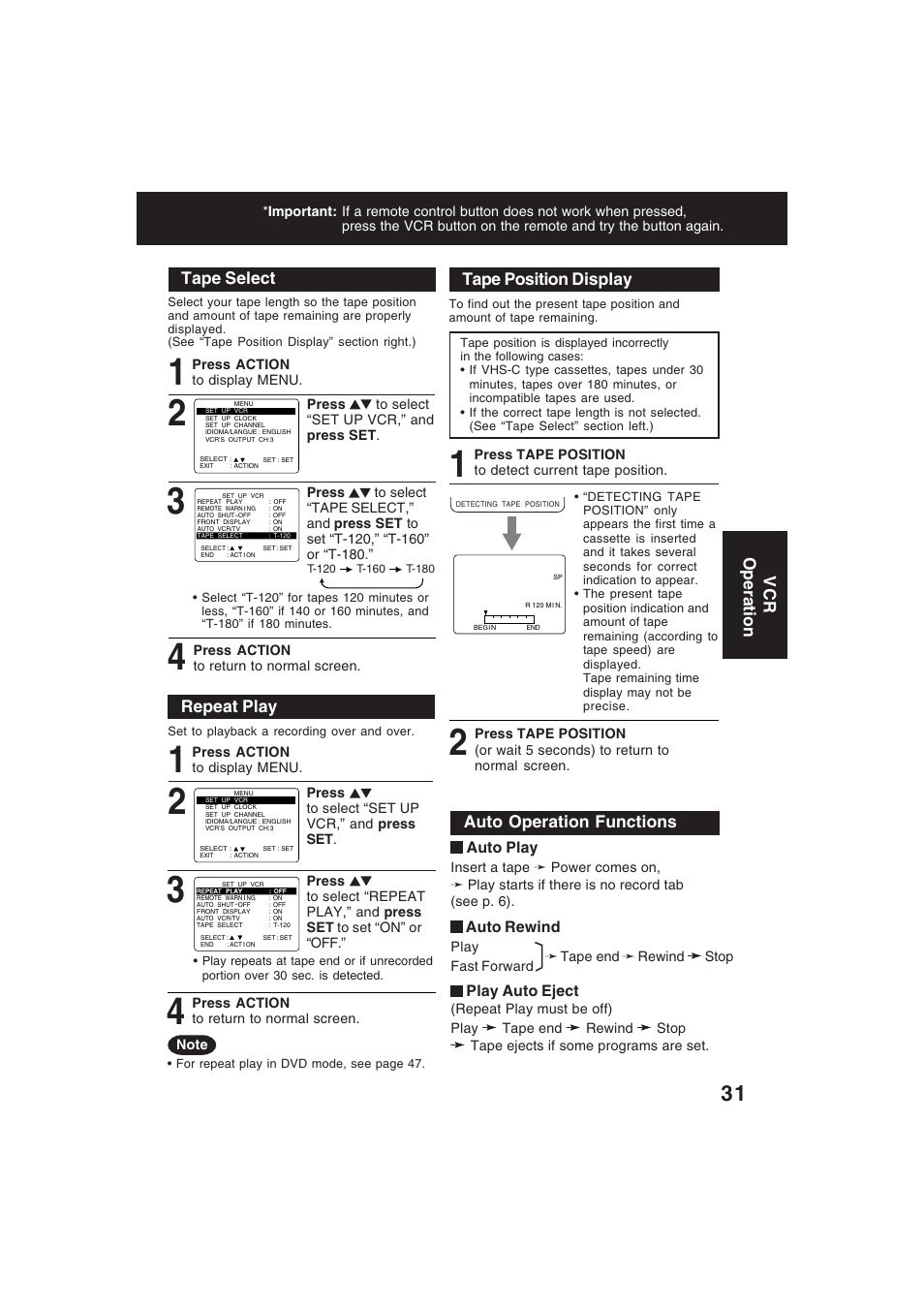 Tape length select, Repeat play, Tape position display | Auto play functions, Vcr operation, Tape select, Auto operation functions | Technics PV-D4754S User Manual | Page 31 / 79