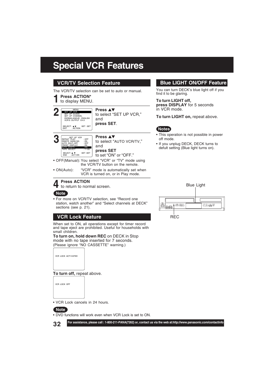 Vcr / tv select feature, Vcr lock, Blue light on / off | Special vcr features, Vcr/tv selector feature vcr/tv selection feature, Vcr lock feature, Blue light on/off feature | Technics PV-D4754S User Manual | Page 32 / 79