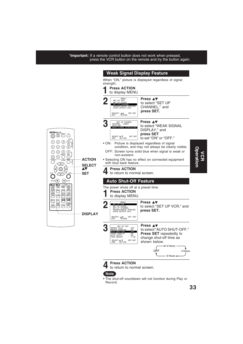 Weak signal display, Auto shut-off, Vcr operation weak signal display feature | Auto shut-off feature | Technics PV-D4754S User Manual | Page 33 / 79