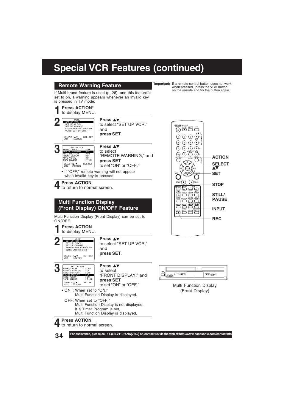 Remote warning feature, Front panel display on / off, Special vcr features (continued) | Technics PV-D4754S User Manual | Page 34 / 79