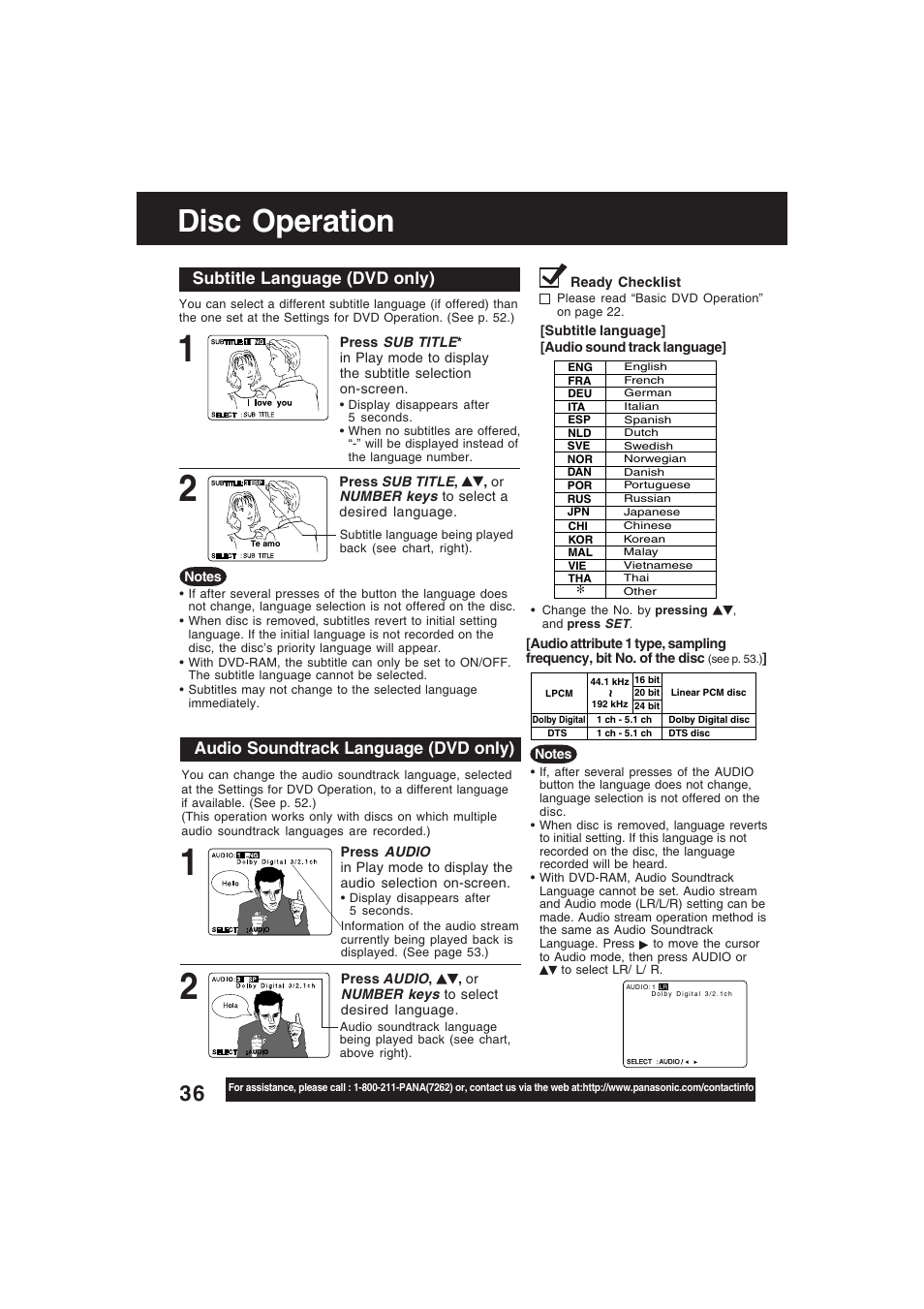 Dvd operation, Disc operation, Subtitle language | Soundtrack language, Subtitle language (dvd only), Audio soundtrack language (dvd only) | Technics PV-D4754S User Manual | Page 36 / 79