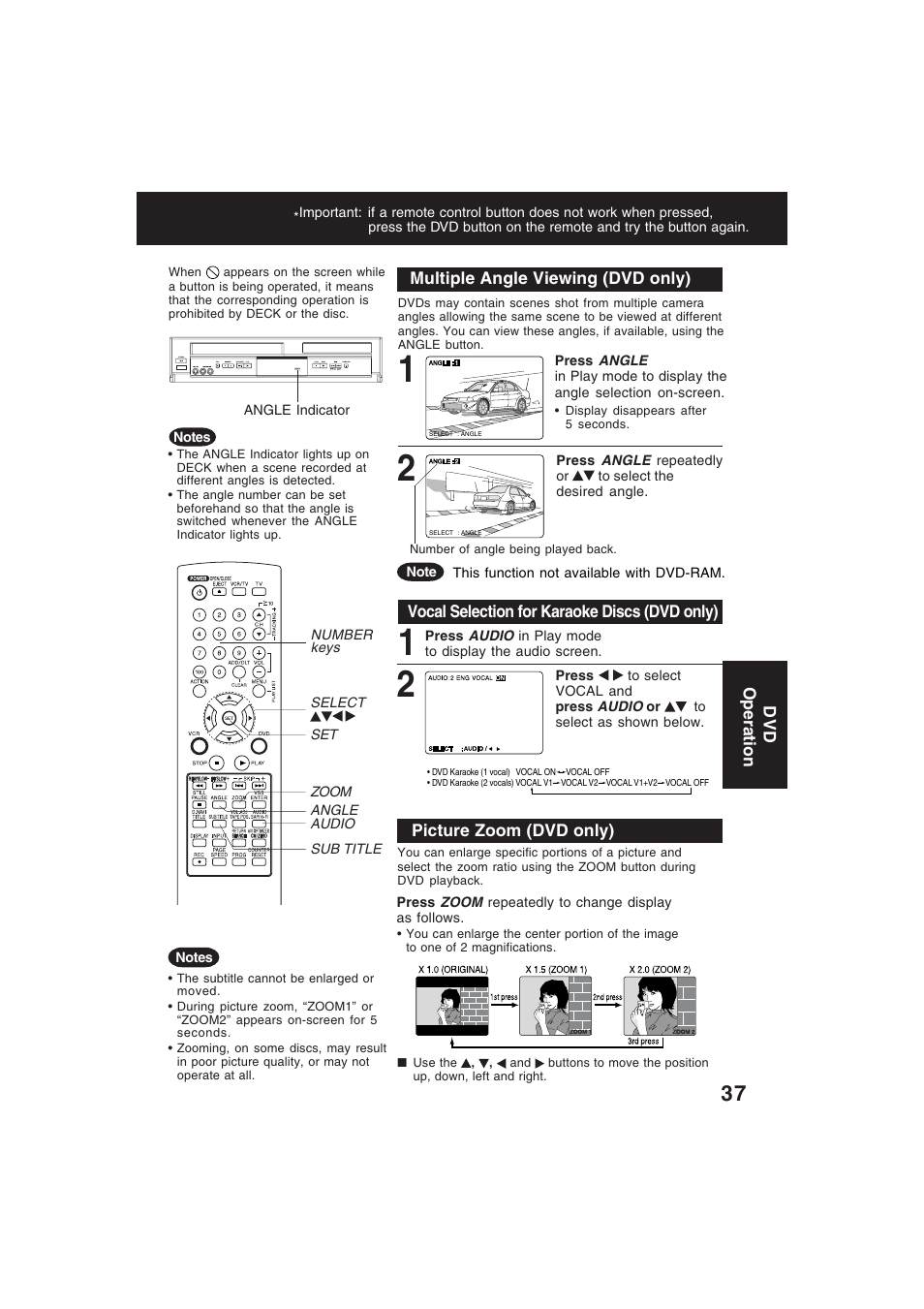 Multiple viewing angle, Vocal selection (karaoke), Picture zoom | Technics PV-D4754S User Manual | Page 37 / 79