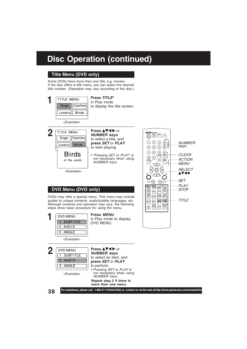 Title menu, Dvd menu, Disc operation (continued) | Birds | Technics PV-D4754S User Manual | Page 38 / 79