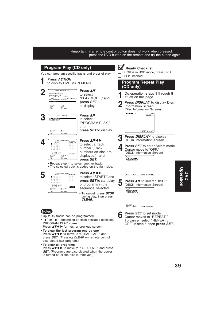 Program play (cd), Program play (cd only), Program repeat play (cd only) | Dvd operation | Technics PV-D4754S User Manual | Page 39 / 79