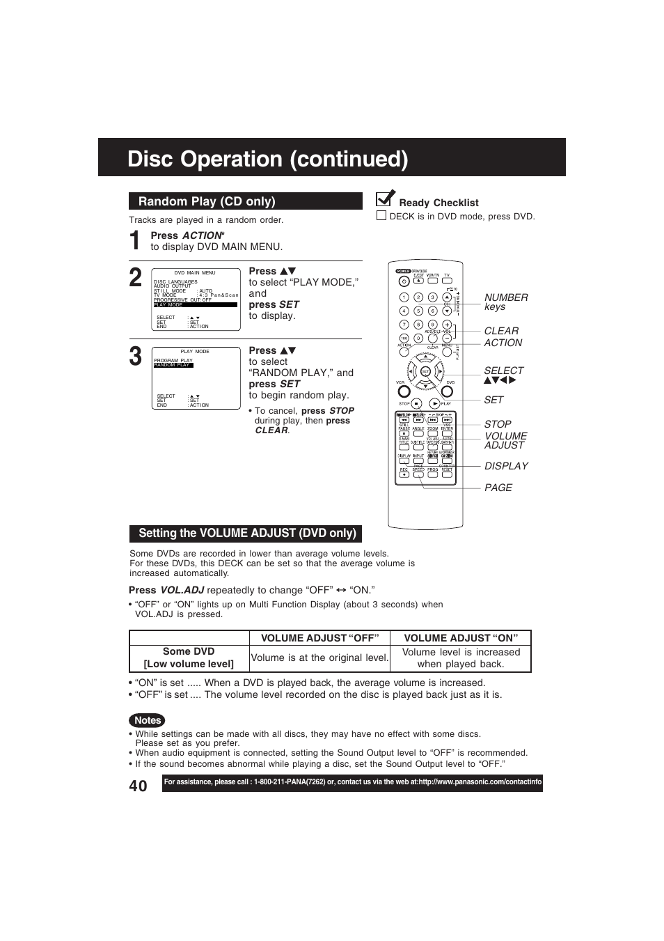 Random play (cd), Volume adjust (dvd only), Disc operation (continued) | Random play (cd only), Setting the volume adjust (dvd only) | Technics PV-D4754S User Manual | Page 40 / 79