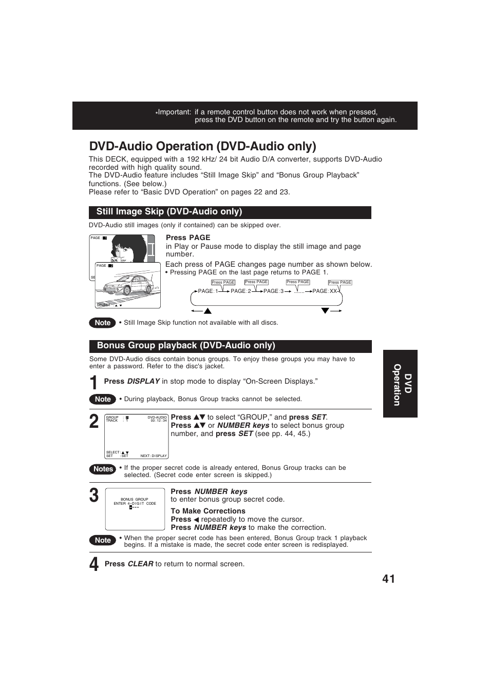 Dvd-audio playback, Dvd-audio operation (dvd-audio only), Bonus group playback (dvd-audio only) | Still image skip (dvd-audio only), Dvd operation | Technics PV-D4754S User Manual | Page 41 / 79