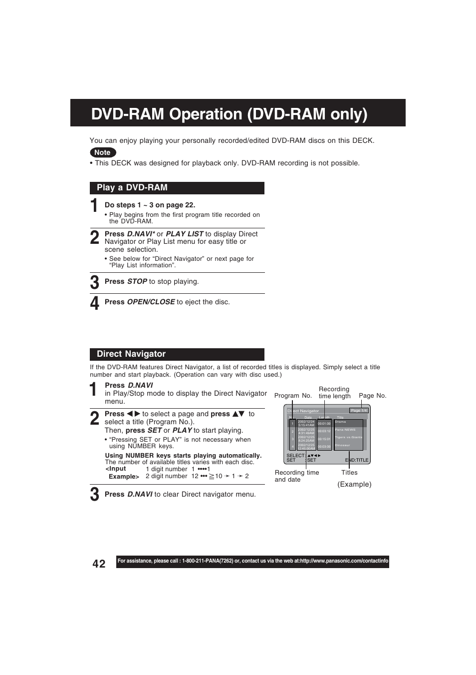 Dvd-ram operation, Playback, Direct navigator | Dvd-ram operation (dvd-ram only), Play a dvd-ram | Technics PV-D4754S User Manual | Page 42 / 79