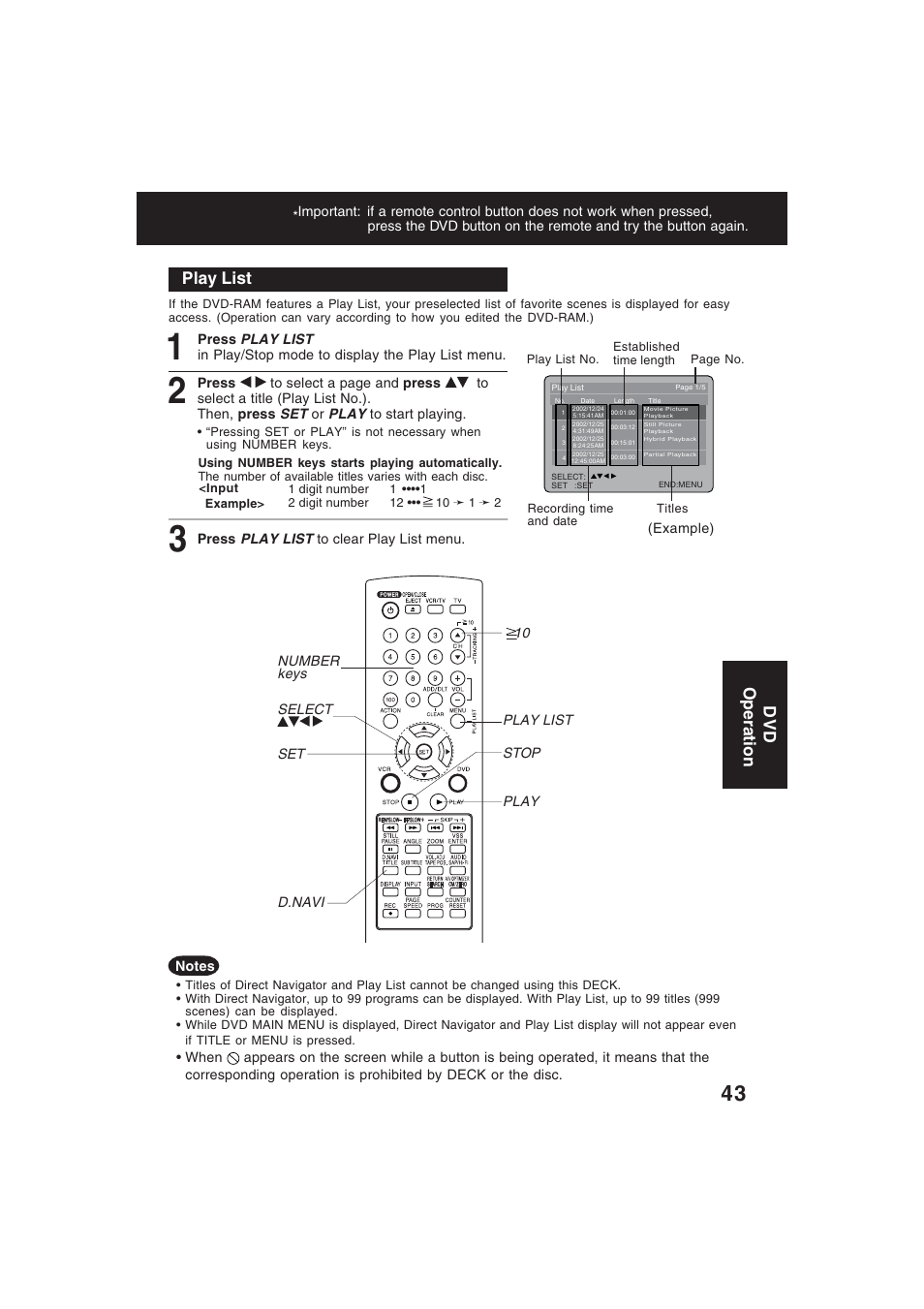 Playlist, Play list, Dvd operation | Technics PV-D4754S User Manual | Page 43 / 79