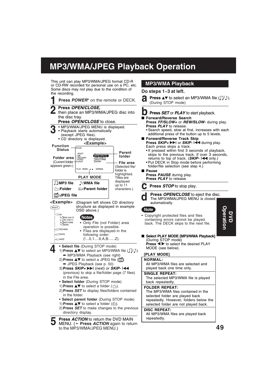 Mp3 / jpeg playback, A b c d, Mp3/wma/jpeg playback operation | Mp3/wma playback, Dvd operation | Technics PV-D4754S User Manual | Page 49 / 79