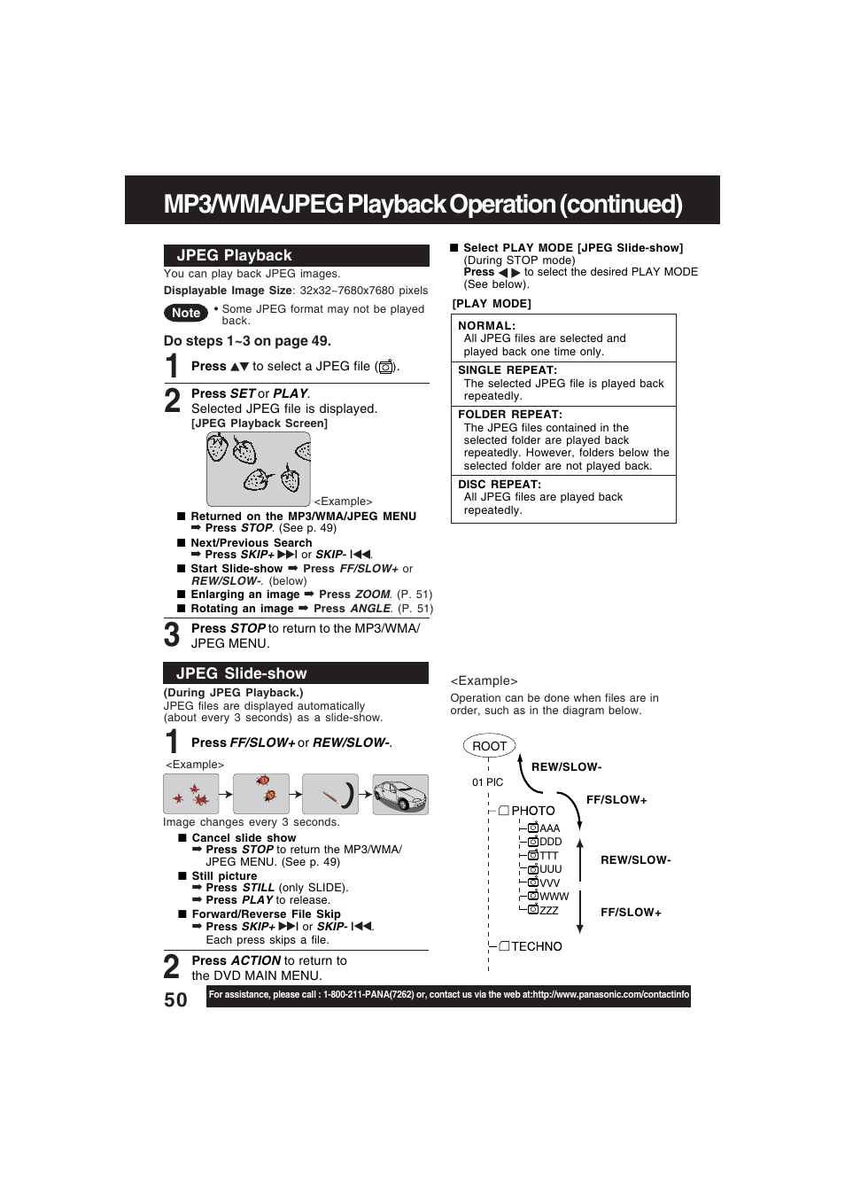 Mp3/wma/jpeg playback operation (continued) | Technics PV-D4754S User Manual | Page 50 / 79