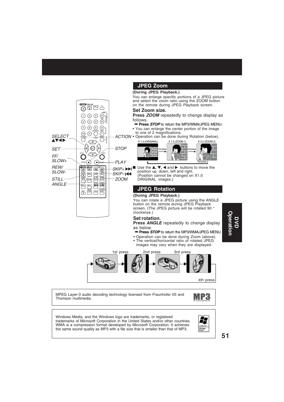 Jpeg zoom jpeg rotation, Dvd operation | Technics PV-D4754S User Manual | Page 51 / 79