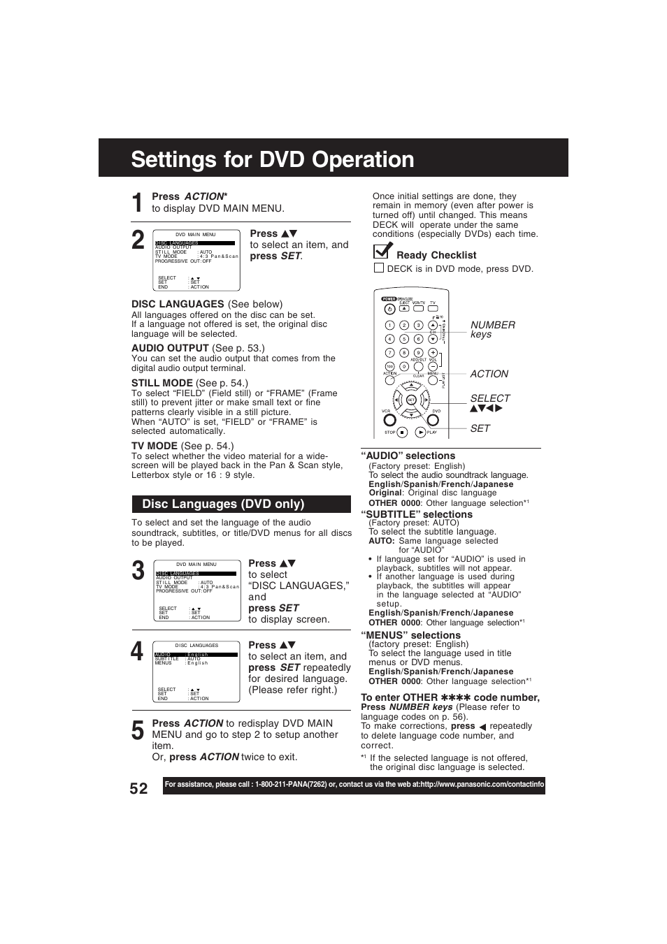 Setup for dvd operation, Disc language, Settings for dvd operation | Disc languages (dvd only) | Technics PV-D4754S User Manual | Page 52 / 79