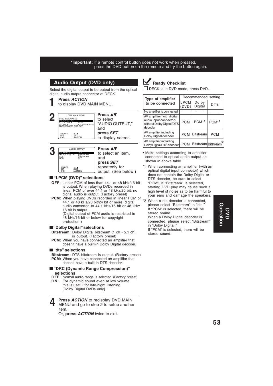 Audio output, Audio output (dvd only), Dvd operation | Technics PV-D4754S User Manual | Page 53 / 79