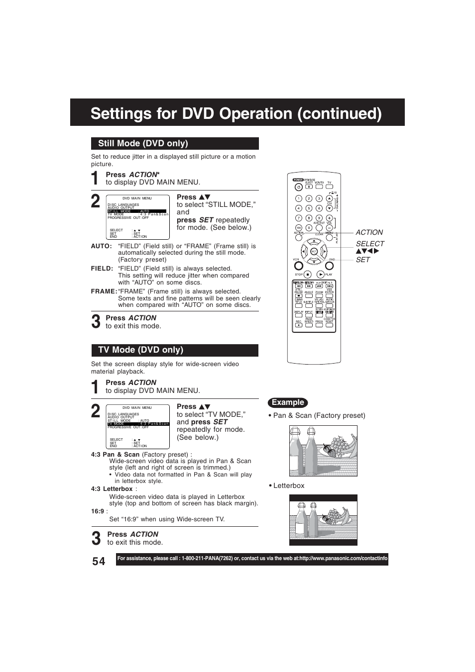 Still mode, Tv mode (screen type), Settings for dvd operation (continued) | Still mode (dvd only), Tv mode (dvd only) | Technics PV-D4754S User Manual | Page 54 / 79