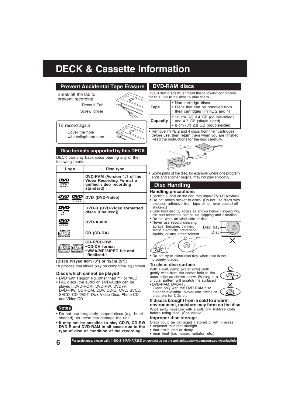 Disc compatibility, Deck & cassette information, Prevent accidental tape erasure | Dvd-ram discs, Disc handling | Technics PV-D4754S User Manual | Page 6 / 79