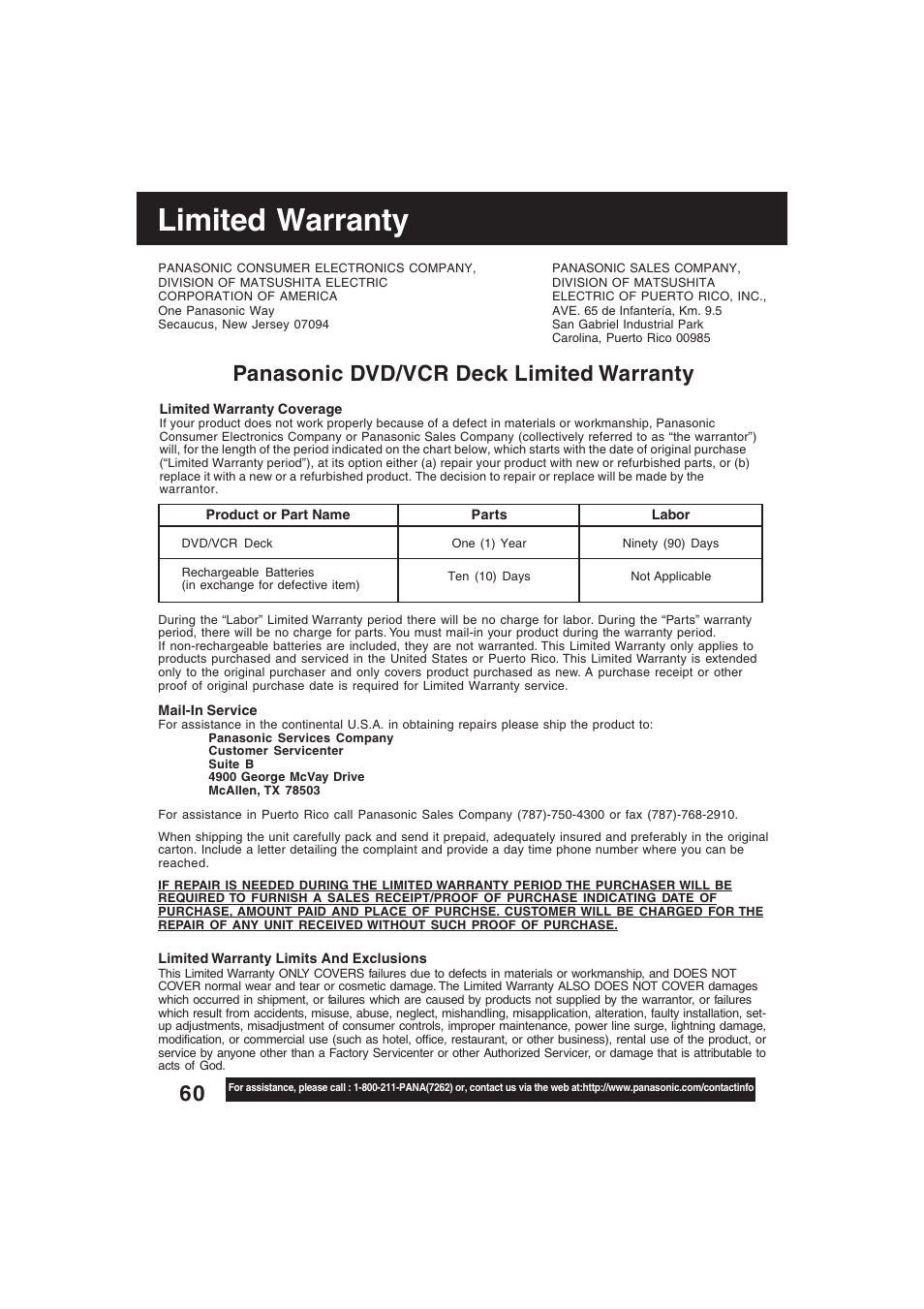 Warranty, Limited warranty, Panasonic dvd/vcr deck limited warranty | Technics PV-D4754S User Manual | Page 60 / 79