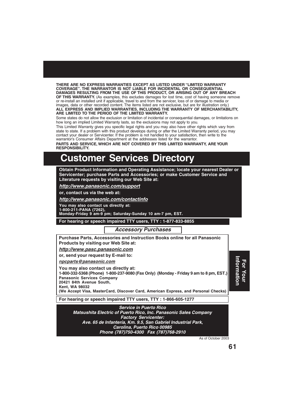Customer services directory | Technics PV-D4754S User Manual | Page 61 / 79