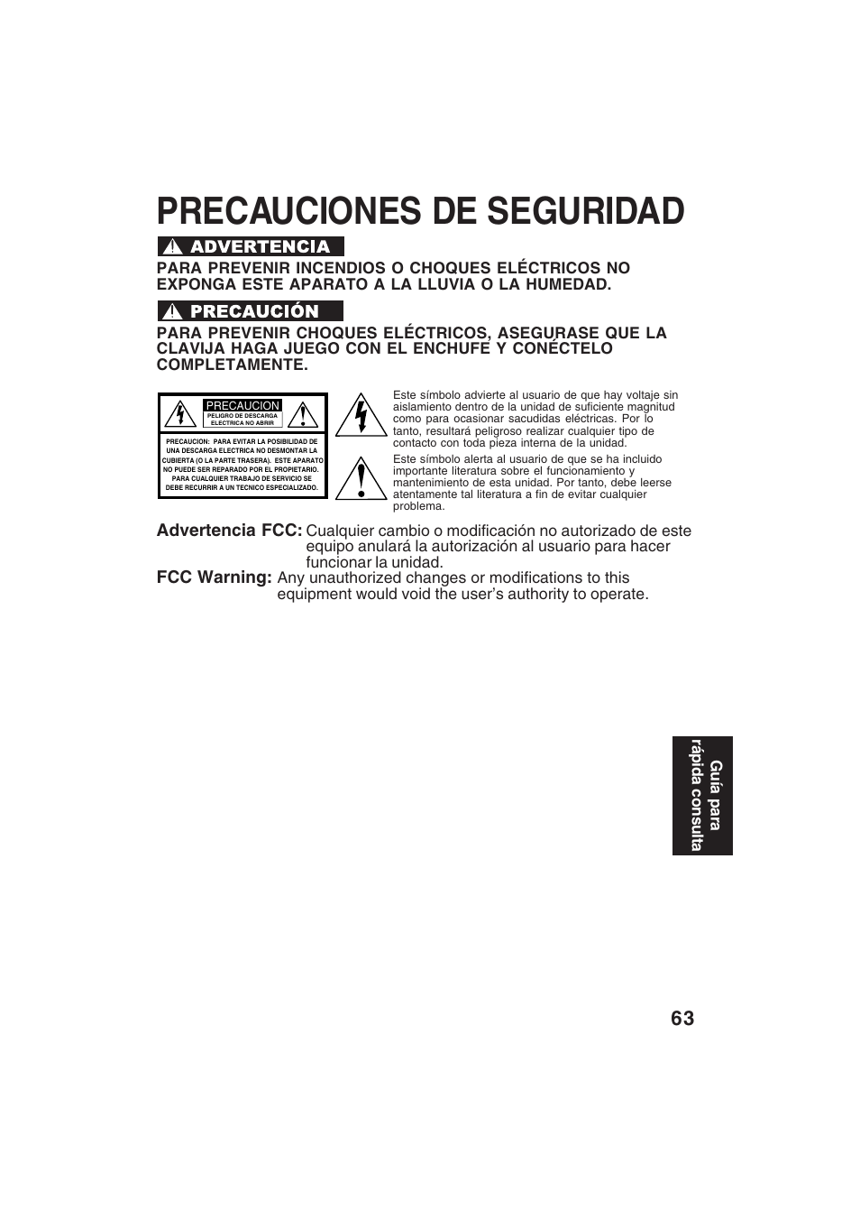 Precauciones de seguridad, Advertencia fcc, Fcc warning | Technics PV-D4754S User Manual | Page 63 / 79