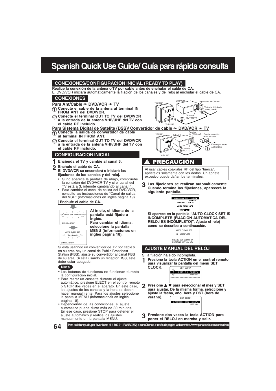 Spanish quick start guide, Spanish quick use guide/ guía para rápida consulta, Para ajustar el idioma, canal y | Conexiones/configuracion inicial (ready to play), Conexiones, 21 2 1 configuracion inicial, Ajuste manual del reloj | Technics PV-D4754S User Manual | Page 64 / 79