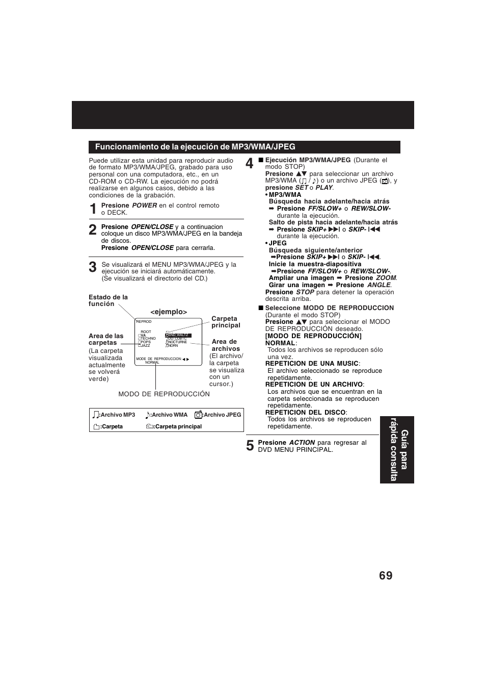 Guía para rápida consulta, Funcionamiento de la ejecución de mp3/wma/jpeg | Technics PV-D4754S User Manual | Page 69 / 79