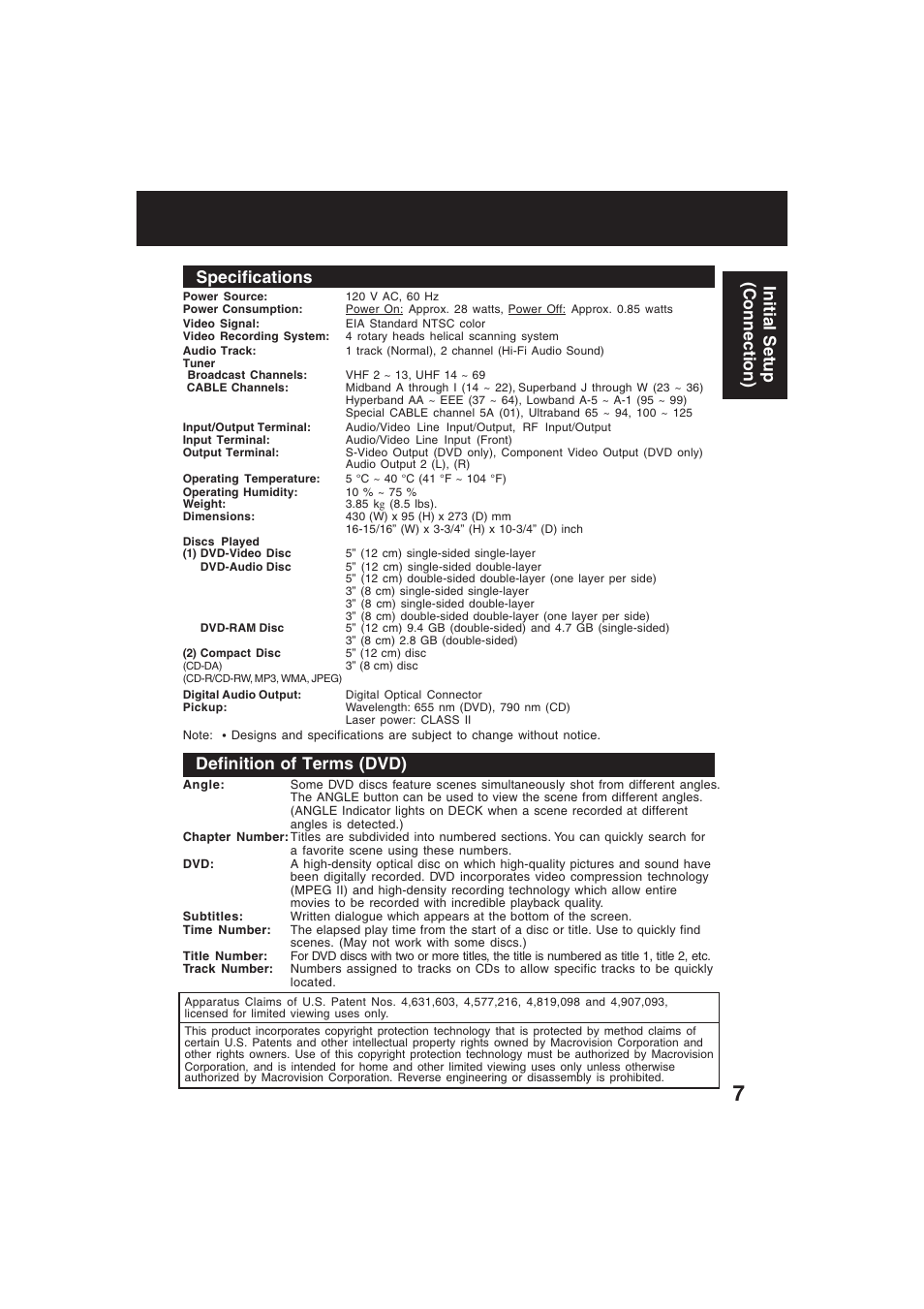 Specs, Specifications, Definition of terms (dvd) | Initial setup (connection) | Technics PV-D4754S User Manual | Page 7 / 79