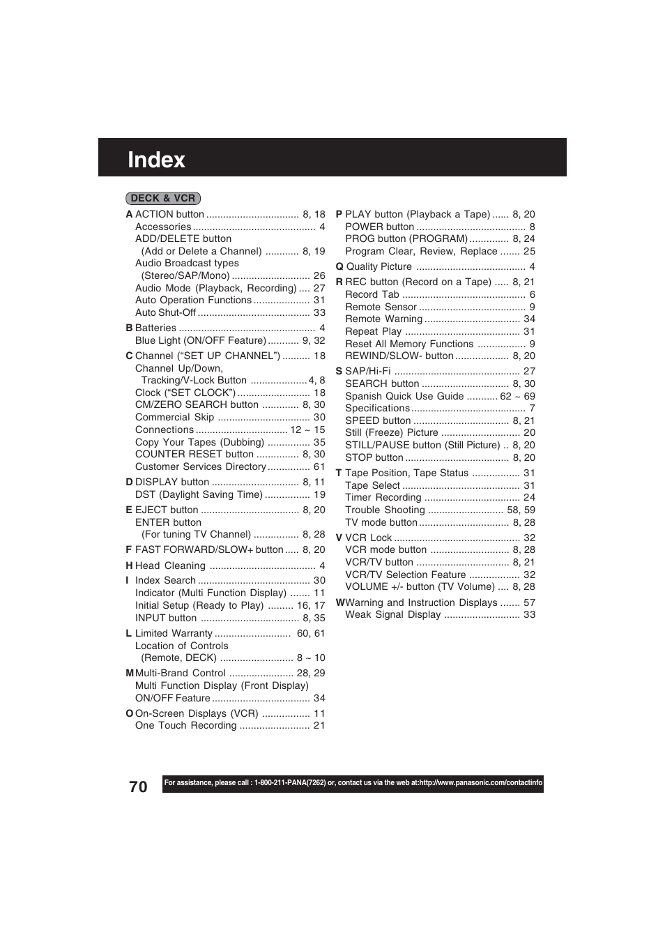 Index | Technics PV-D4754S User Manual | Page 70 / 79