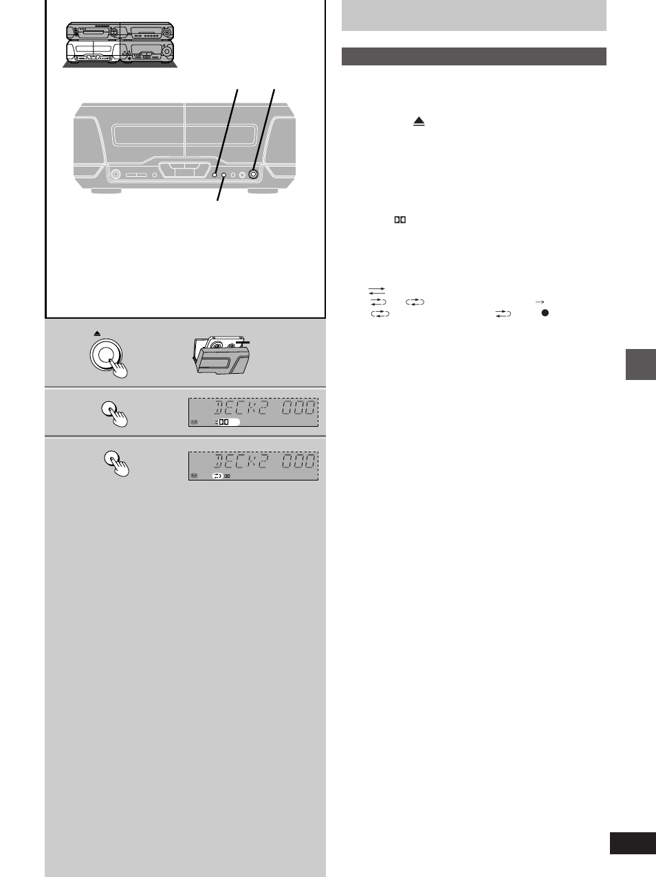 Preparatory steps, Press [ < open] on deck 2 and insert the cassette, Press [dolby nr] to select dolby nr on | Or off, Press [rev mode] to select the re- verse mode | Technics SC-EH560 User Manual | Page 31 / 44