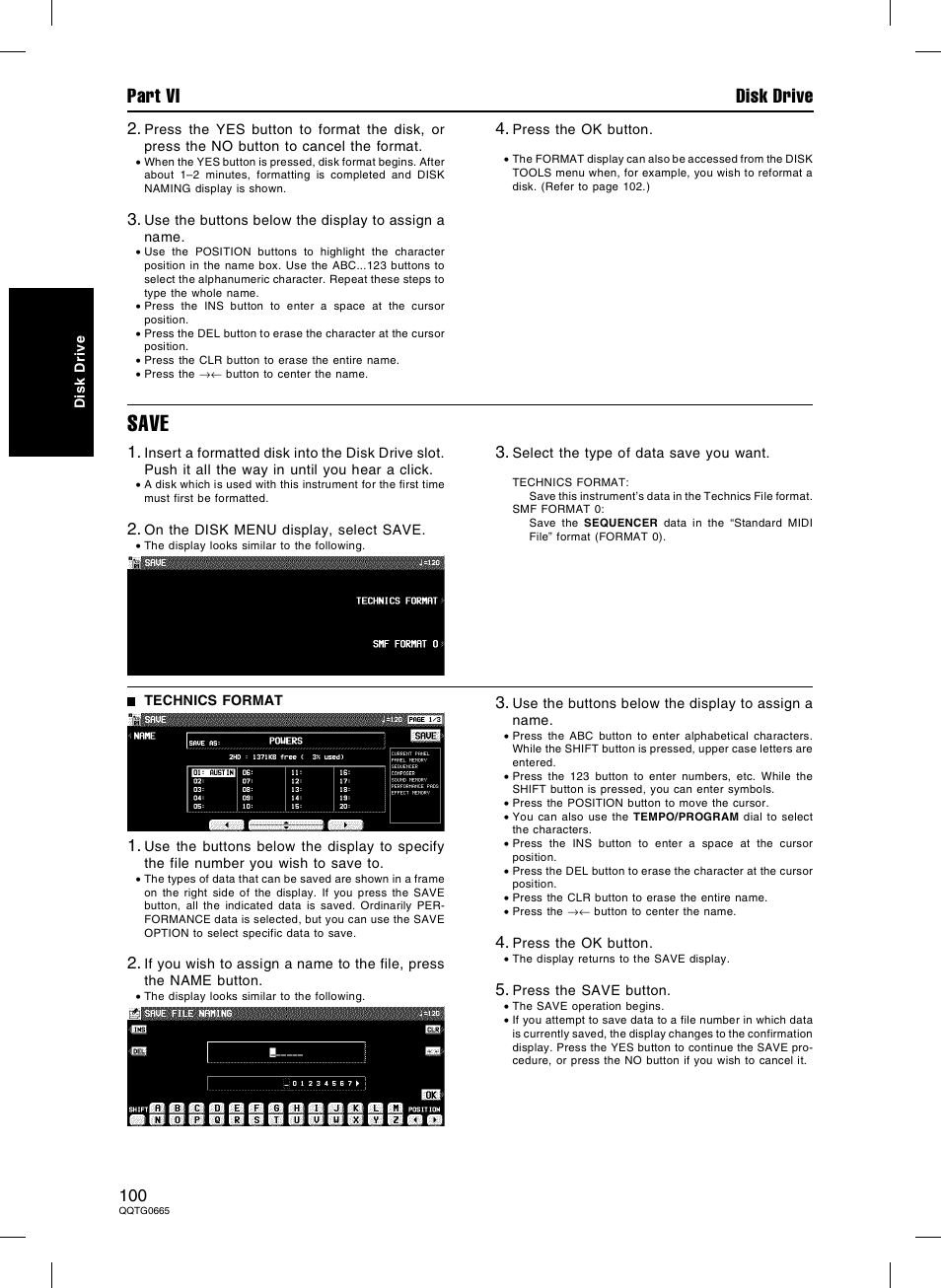 Save, Part vi disk drive | Technics sx-PR604/M User Manual | Page 100 / 148