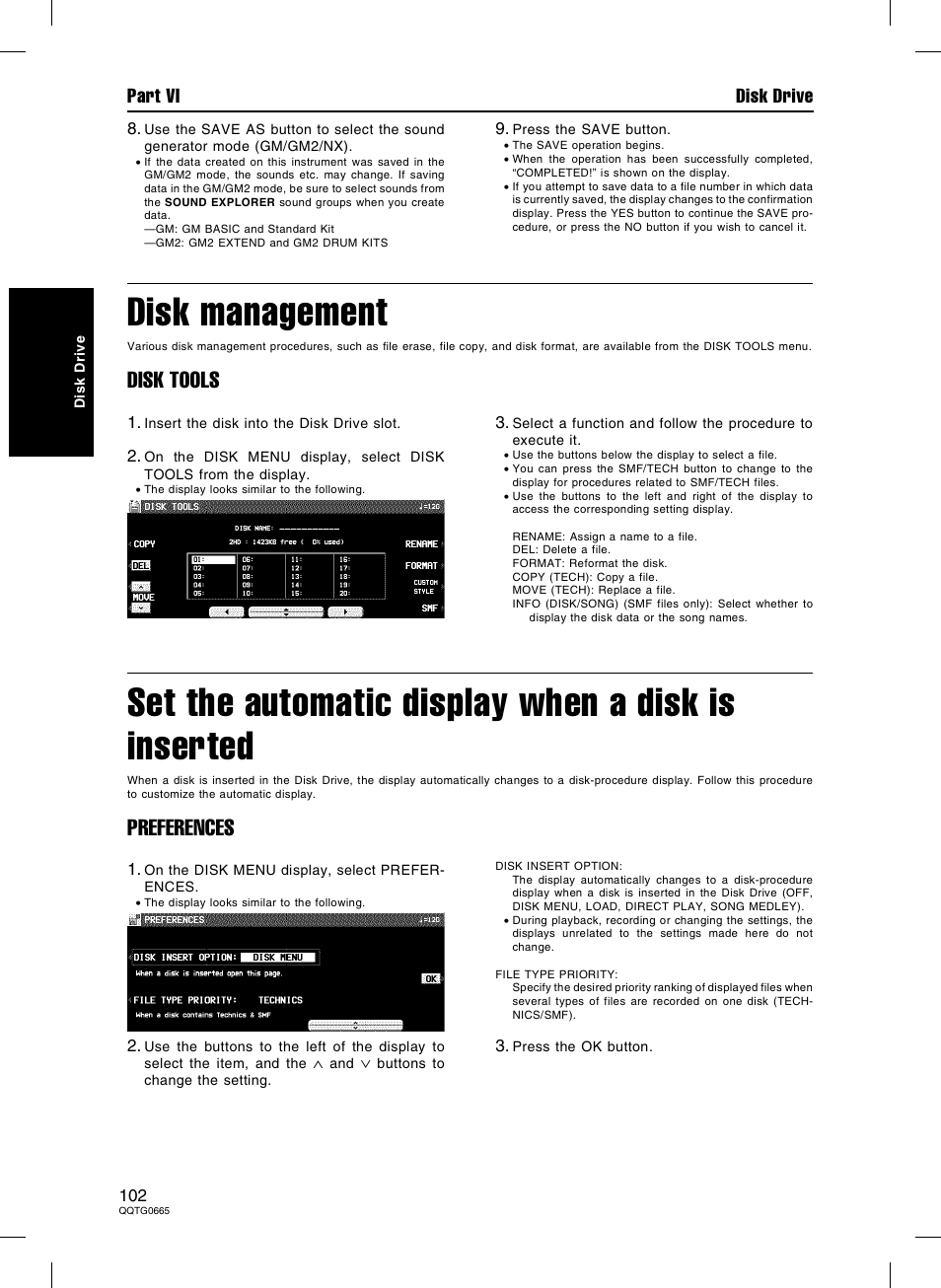 Disk management, Set the automatic display when a disk is inserted, Disk tools | Preferences, Part vi disk drive | Technics sx-PR604/M User Manual | Page 102 / 148